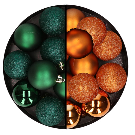 24x stuks kunststof kerstballen mix van donkergroen en oranje 6 cm