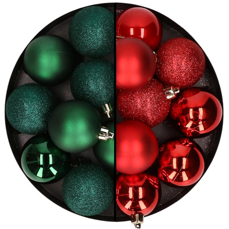 24x Christmas baubles mix dark green and red 6 cm plastic matte/shiny/glitter