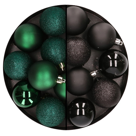 24x Christmas baubles mix dark green and black 6 cm plastic matte/shiny/glitter