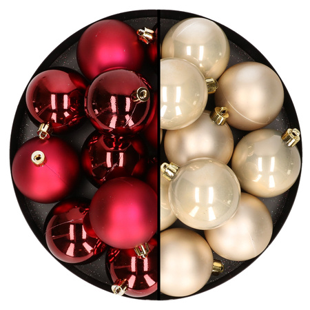24x pcs plastic christmas baubles mix of dark red and champagne 6 cm