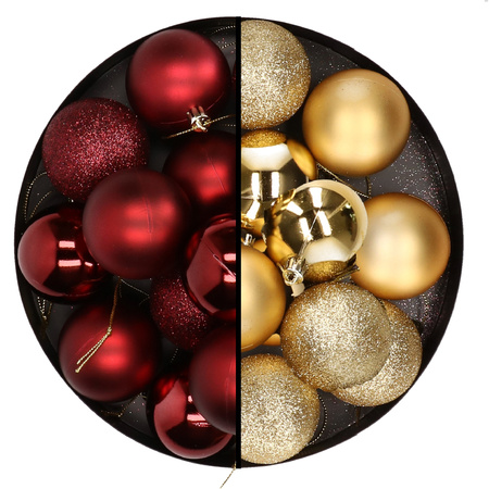 24x stuks kunststof kerstballen mix van donkerrood en goud 6 cm