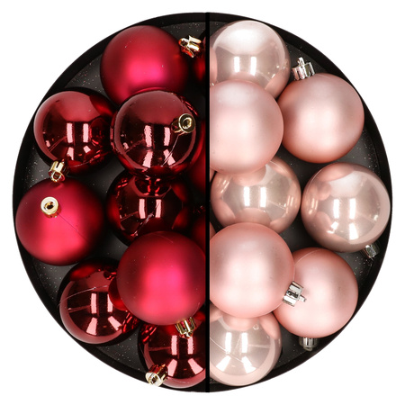 24x stuks kunststof kerstballen mix van donkerrood en lichtroze 6 cm
