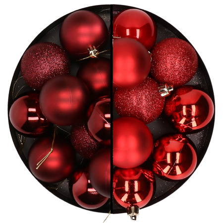 24x stuks kunststof kerstballen mix van donkerrood en rood 6 cm