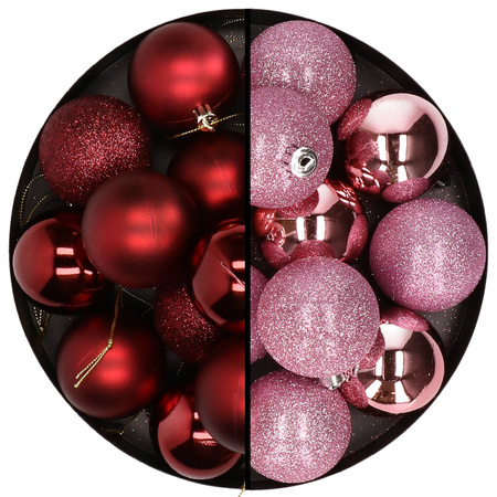 24x Christmas baubles mix dark red and pink 6 cm plastic matte/shiny/glitter