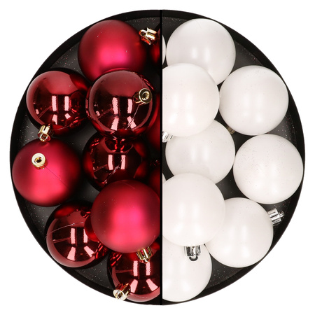 24x pcs plastic christmas baubles mix of dark red and white 6 cm