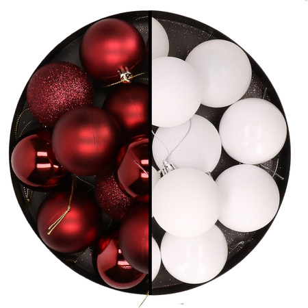 24x stuks kunststof kerstballen mix van donkerrood en wit 6 cm