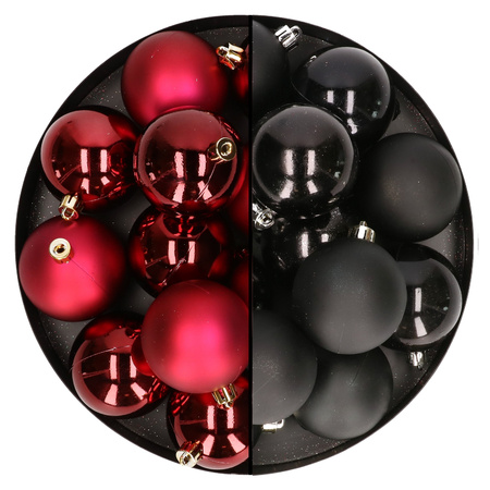 24x pcs plastic christmas baubles mix of dark red and black 6 cm