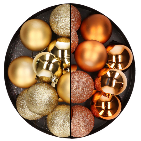 24x Christmas baubles mix gold and copper 6 cm plastic matte/shiny/glitter