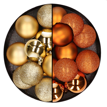 24x Christmas baubles mix gold and orange 6 cm plastic matte/shiny/glitter