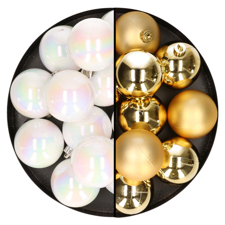 24x stuks kunststof kerstballen mix van goud en parelmoer wit 6 cm