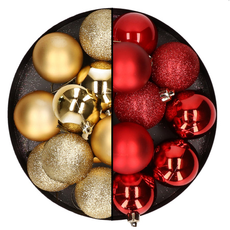 24x stuks kunststof kerstballen mix van goud en rood 6 cm