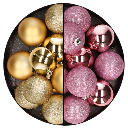 24x Christmas baubles mix gold and pink 6 cm plastic matte/shiny/glitter