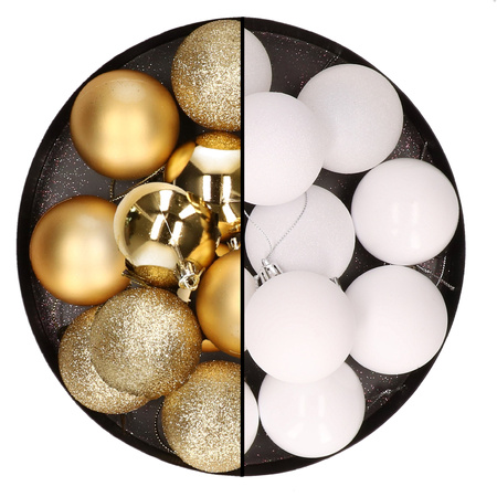 24x stuks kunststof kerstballen mix van goud en wit 6 cm