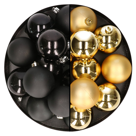 24x stuks kunststof kerstballen mix van goud en zwart 6 cm