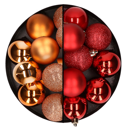 24x stuks kunststof kerstballen mix van koper en rood 6 cm