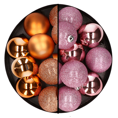 24x Christmas baubles mix copper and pink 6 cm plastic matte/shiny/glitter