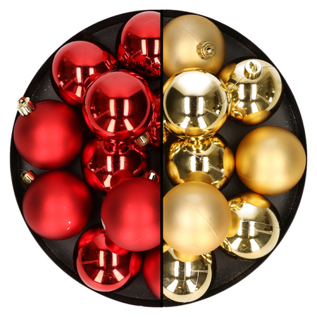 24x stuks kunststof kerstballen mix van rood en goud 6 cm