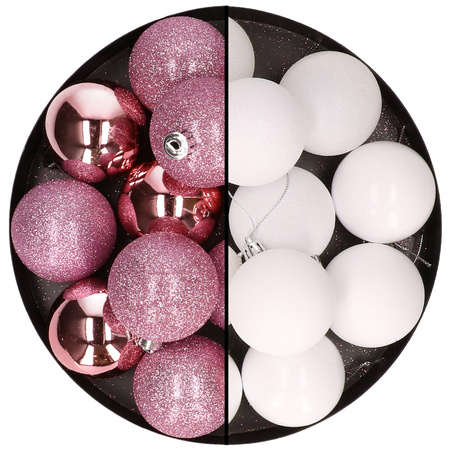 24x Christmas baubles mix pink and white 6 cm plastic matte/shiny/glitter