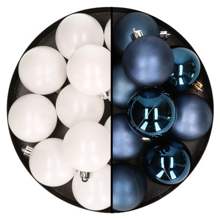 24x pcs plastic christmas baubles mix of white and dark blue 6 cm