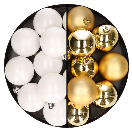 24x pcs plastic christmas baubles mix of white and gold 6 cm