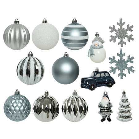25x Christmas baubles and figurines light blue/white plastic