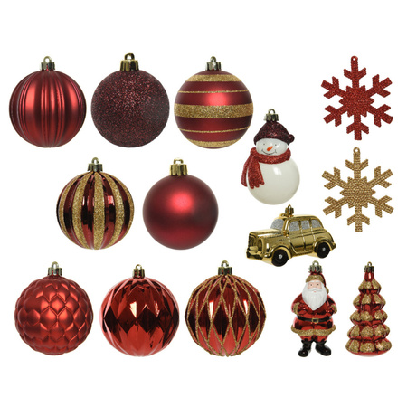 25x Kerstballen en kersthangers figuurtjes rood/goud kunststof