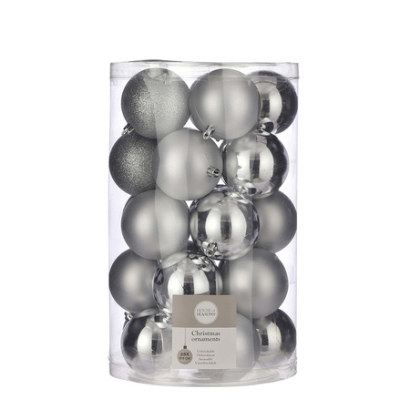 25x Plastic christmas baubles silver 8 cm