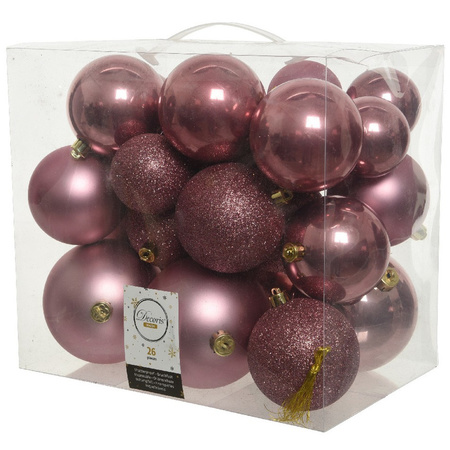 Kerstversiering kunststof kerstballen 6-8-10 cm met sterren slingers pakket oud roze van 28x stuks