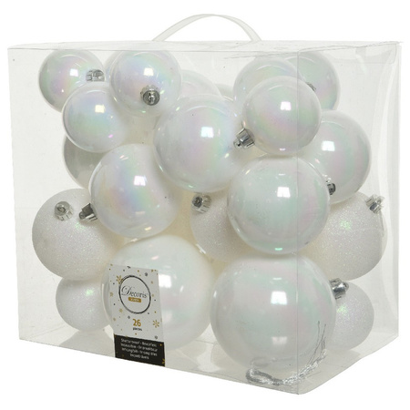 26 stuks parelmoer witte kerstballen 6-8-10 cm kunststof 