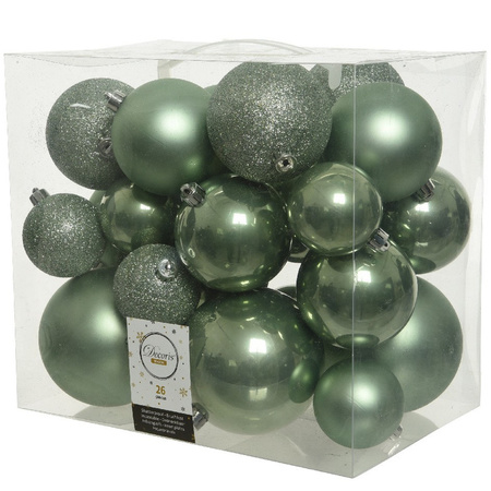 26 Stuks salie groene kerstballen 6-8-10 cm kunststof 