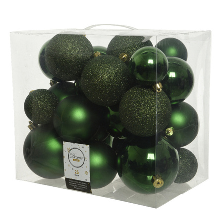 26x Plastic christmas baubles dark green (pine) 6-8-10 cm 