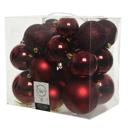 Package 32x pcs plastic christmas baubles and star ornaments dark red