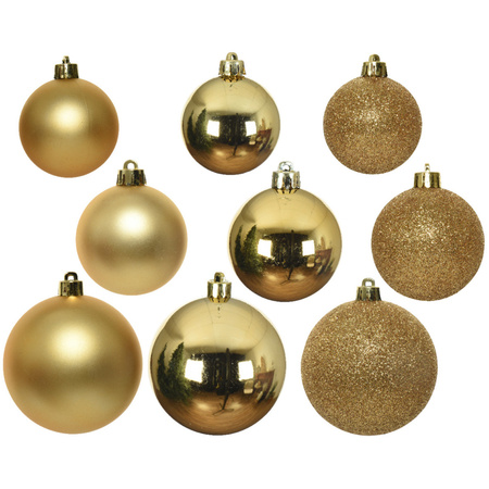 Christmas decorations baubles 6-8-10 cm with wave garlands set gold 28x pieces.