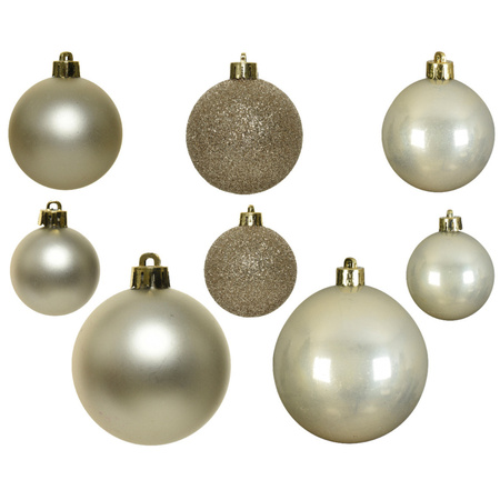 Kerstversiering kerstballen 6-8-10 cm met sterren folieslingers pakket parel/champagne van 28x stuks
