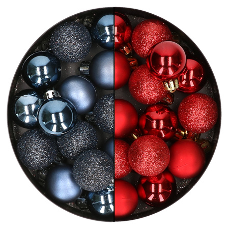 28x pcs plastic christmas baubles dark red and dark blue mix 3 cm
