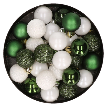 28x pcs plastic christmas baubles dark green and white mix 3 cm