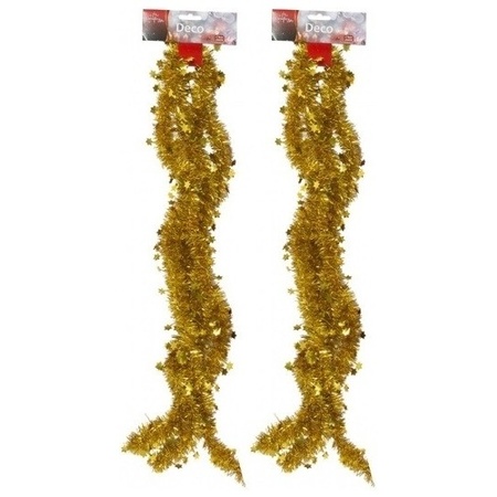 2x Gouden tinsel kerstslingers met sterren 270 cm