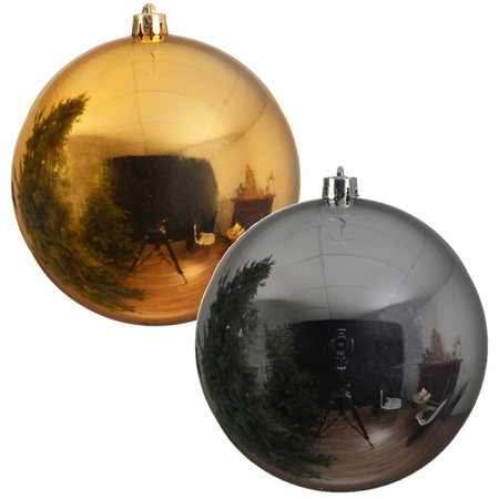 2x Grote kerstballen goud en zilver van 25 cm glans van kunststof