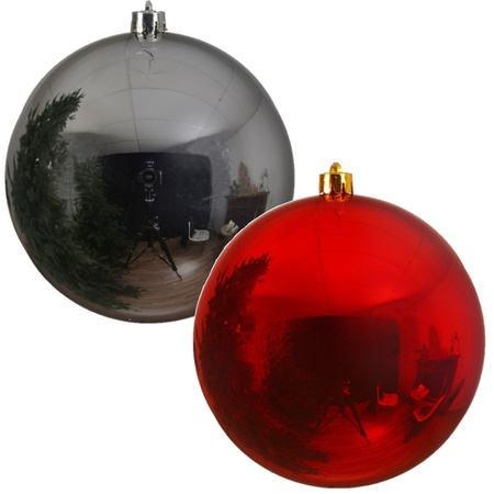 2x Large Christmas baubles red and silver 25 cm shiny plastic