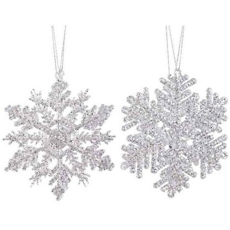 2x Kersthangers figuurtjes zilveren sneeuwvlok/ster 12 cm glitte