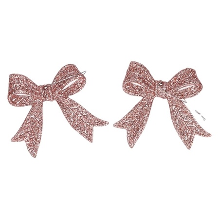 2x Kersthangers roze strikjes met glitters 11 cm