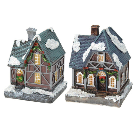 2x Kersthuisjes/kerstdorpje met gekleurde verlichting 13 cm