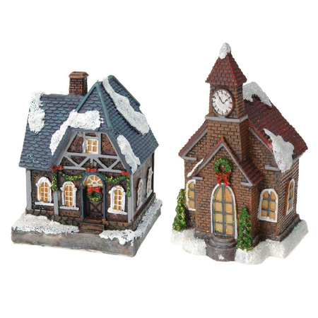 2x Christmas houses / Christmas village with colour change lighting 13 cm