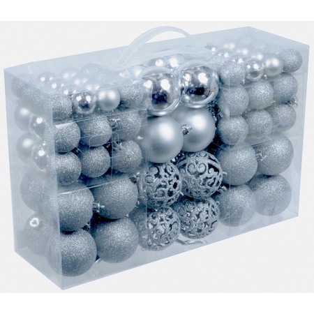 2x pakket met 100x zilveren kunststof kerstballen 3, 4 en 6 cm