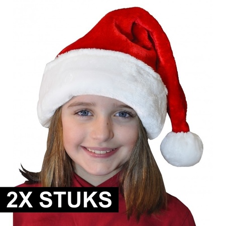 2x Pluche luxe kerstmuts rood/wit voor kinderen