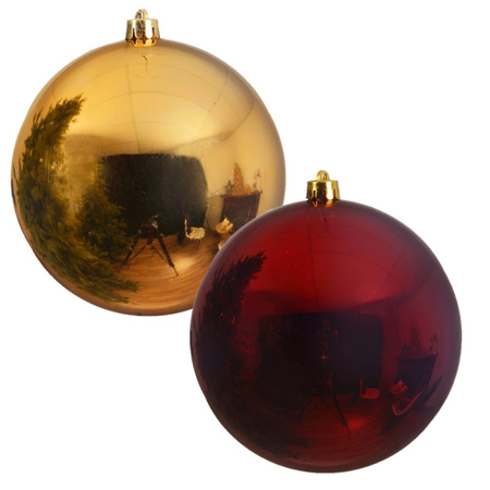 2x stuks grote kerstballen van 20 cm glans van kunststof goud en rood