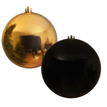 2x pieces large christmas baubles plastic 20 cm gold and black