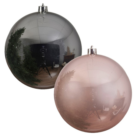 2x pieces large christmas baubles plastic 20 cm pink and silver