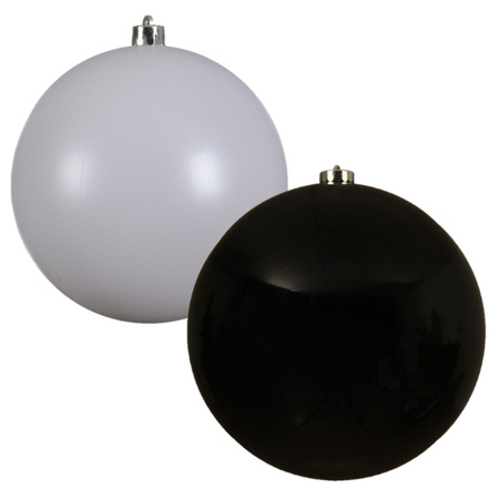 2x stuks grote kerstballen van 20 cm glans van kunststof wit en zwart