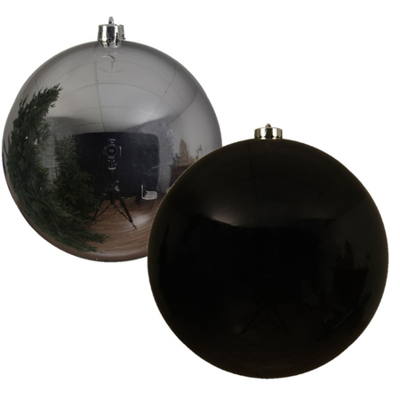 2x stuks grote kerstballen van 20 cm glans van kunststof zwart en zilver